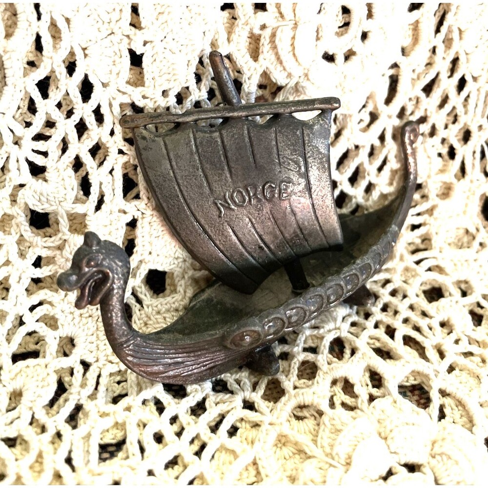 Mini Metal Viking Ship Figurine Norse Vintage